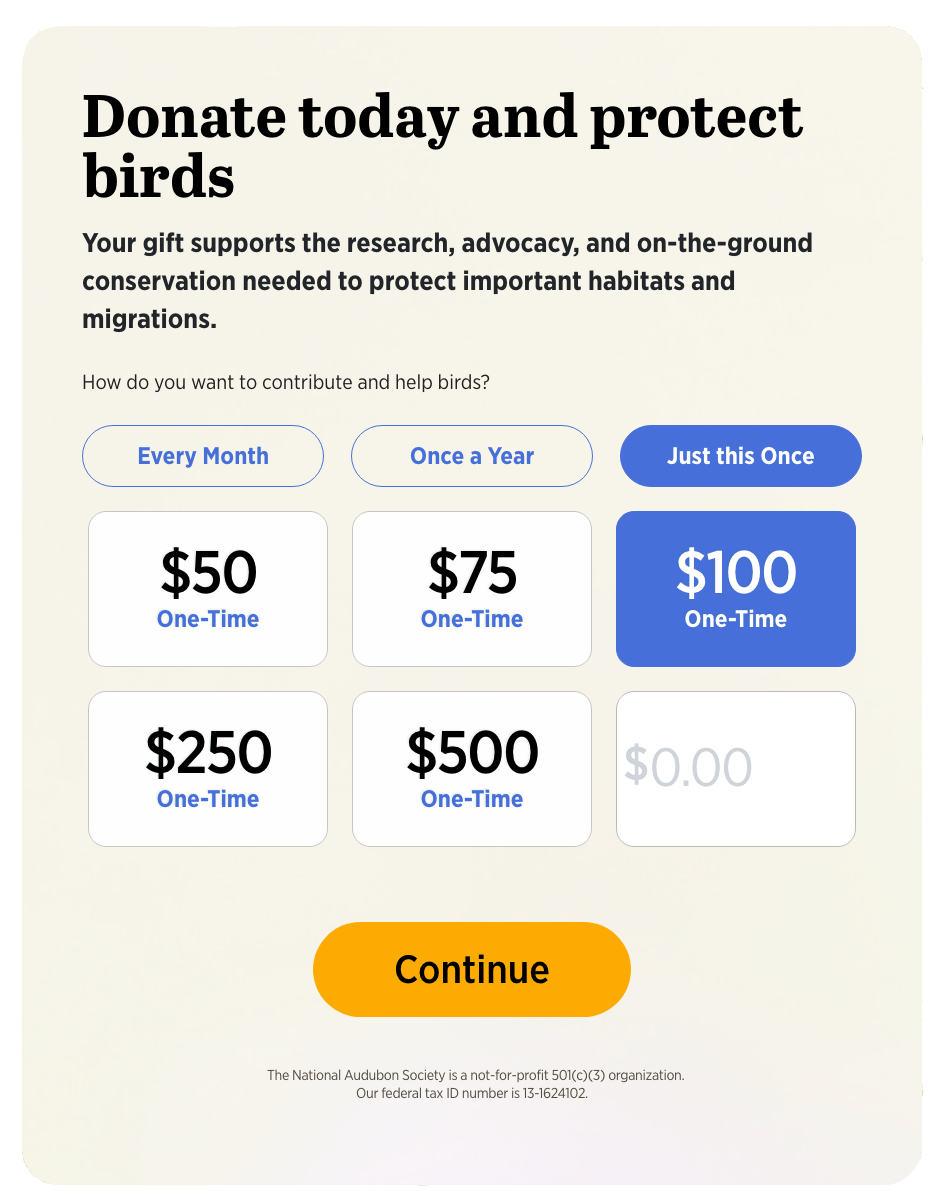Audubon recurring giving form design with frequency selector and monthly options.